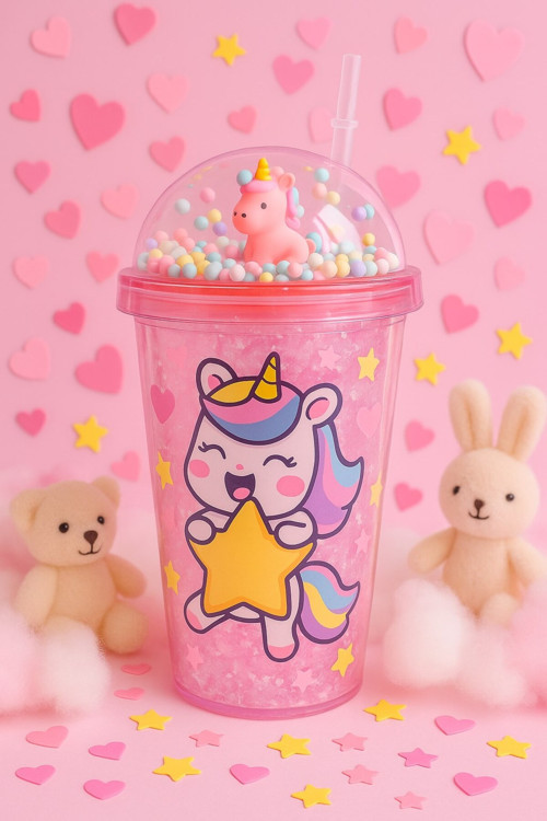 Unicorn Temalı Suluk Pipetli Buzlu Cam Görünümlü 450 ML Çift Katman Mika Su Şişesi 2646 Pembe