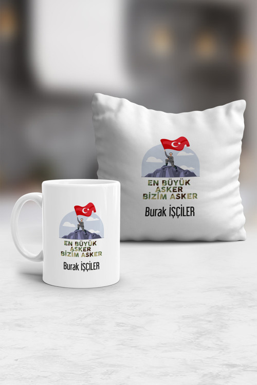 Kişiye Özel En Büyük Asker Yastık ve Kupa Hediye Seti Askere Hediye