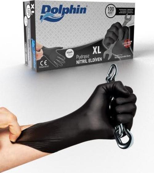 Dolphin Siyah Nitril Eldiven Pudrasız Ekstra Kalın (XL) 100lü Paket
