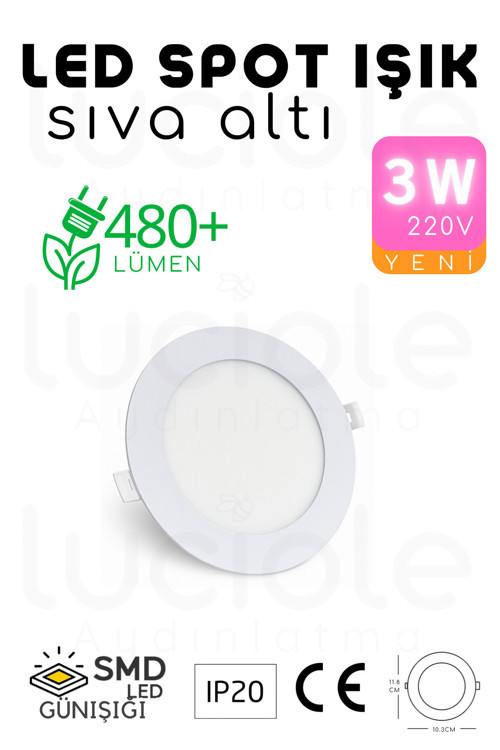 3W Beyaz Kasa LED Slim Spot – 3200K Günışığı Işık, 155 Lümen, 8.3 cm Çap, 220V, 15000 Saat Ömür