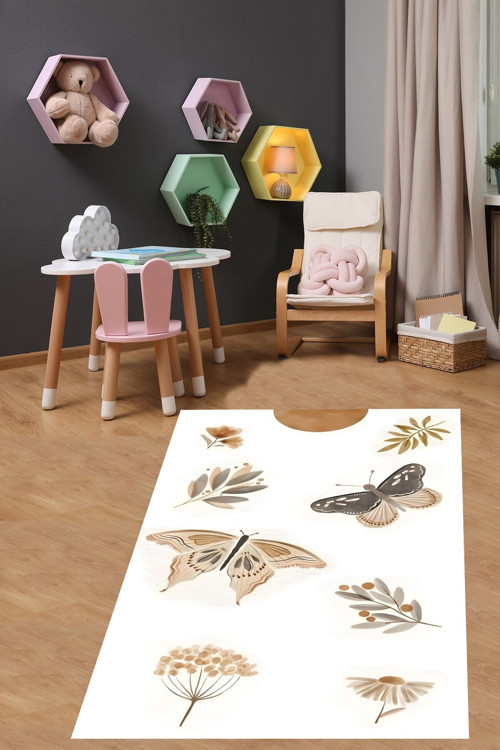 Kelebek Desen Minimalist Yıkanabilir Kaymaz Taban Leke Tutmaz Çocuk Odası Halısı