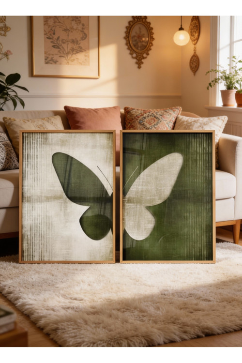 Çerçeveli Ahşap Tablo 2’li Set | Modern Soyut Yaprak Desenli Duvar Dekoru