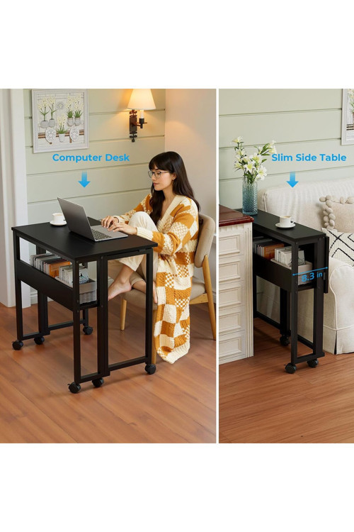 Sidney Kitaplık Raflı Katlanır Masa 70cm Tekerli Bilgisayar Masası Laptop Masası Siyah - Siyah