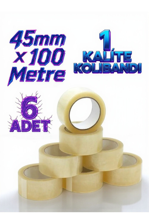 6 Lı Şeffaf Akrilik Koli Bandı 45 mm X 100 Metre 38 Mikron Akrilik Koli Bandı