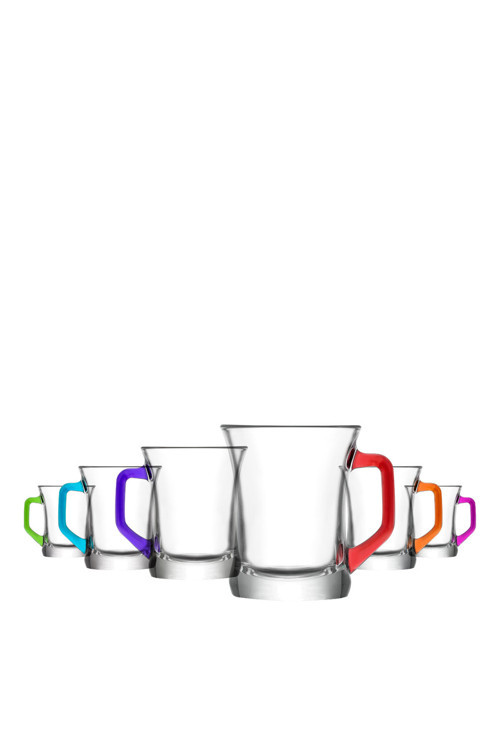 Zen Plus Cam Kupa 6 Kişilik 225 ml Karışık Renkli Kulplu (Kahve/Çay Bardağı)
