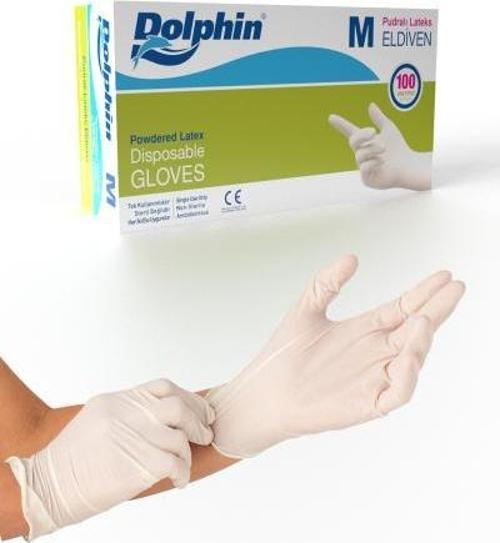 Dolphin Beyaz Lateks Eldiven Pudralı (M) 100lü Paket
