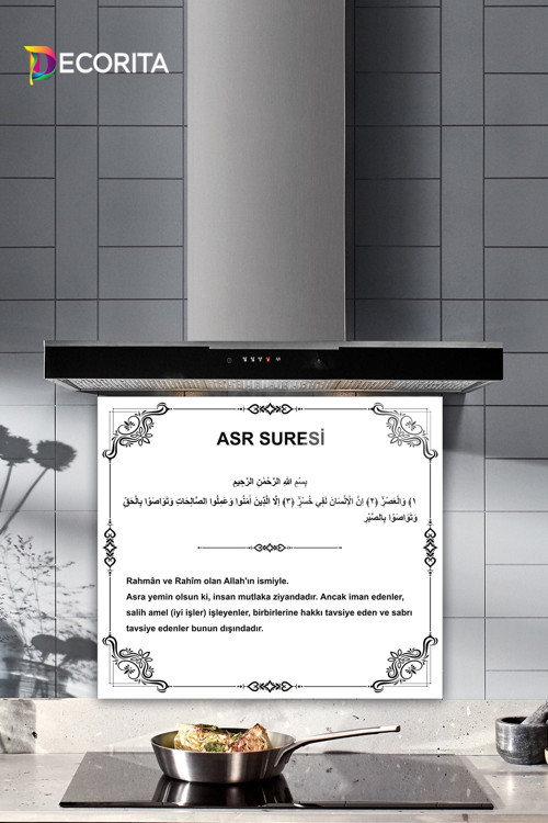 Cam Ocak Arkası Koruyucu | Asr Suresi | Beyaz Fon | 52cm X 60cm