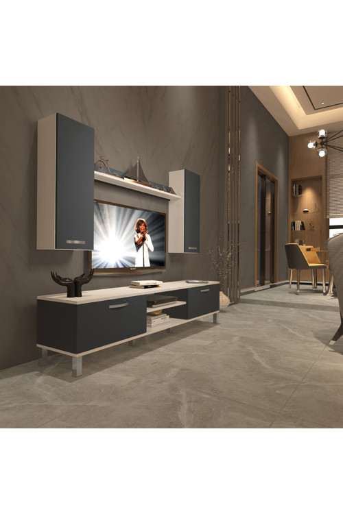 Eko 5d Mdf Dvd Krom Ayaklı Tv Ünitesi Tv Sehpası - Beyaz - Antrasit