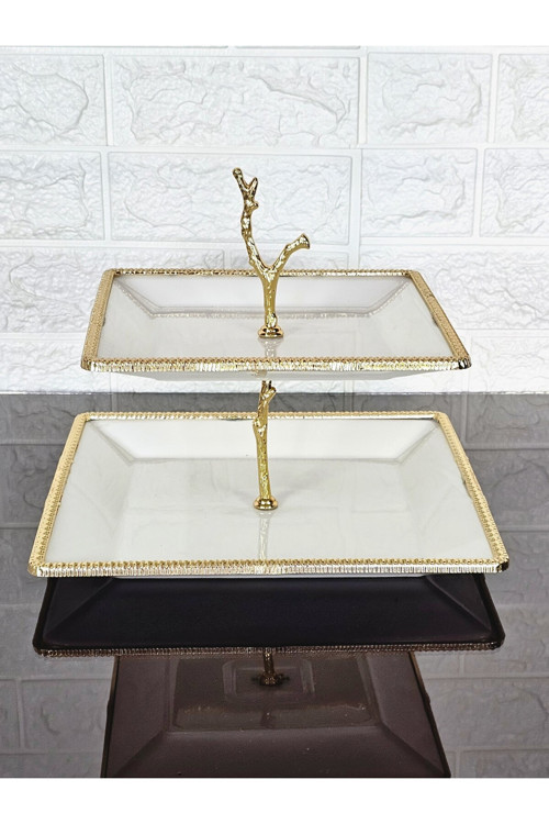 PORSELEN KARE DÖKÜM GOLD ÇERÇEVELİ 2 KATLI KURABİYELİK SADE 22+27 CM