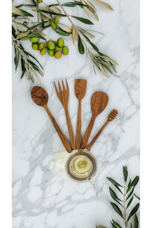 Zeytin Ağacı 5 Parça Ahşap Mutfak Seti, Tahta Kaşık, Çatal, Spatula, Bal Kaşığı El Yapımı