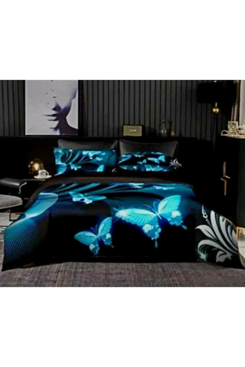 ÖZEL TASARIM MARKA 240X260 CM 5D ÇİFT KİŞİLİK NEVRESİM TAKIMI PAMUK SATEN KELEBEK SİYAH MAVİ