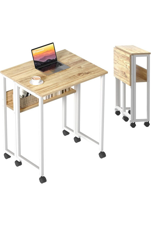 Sidney Kitaplık Raflı Katlanır Masa 70 cm Tekerli Bilgisayar Masası Laptop Masası Beyaz - Çam
