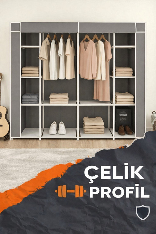 Geniş Hacimli Çelik Profilli Çift Askılı Gardırop Bez Dolap Gri