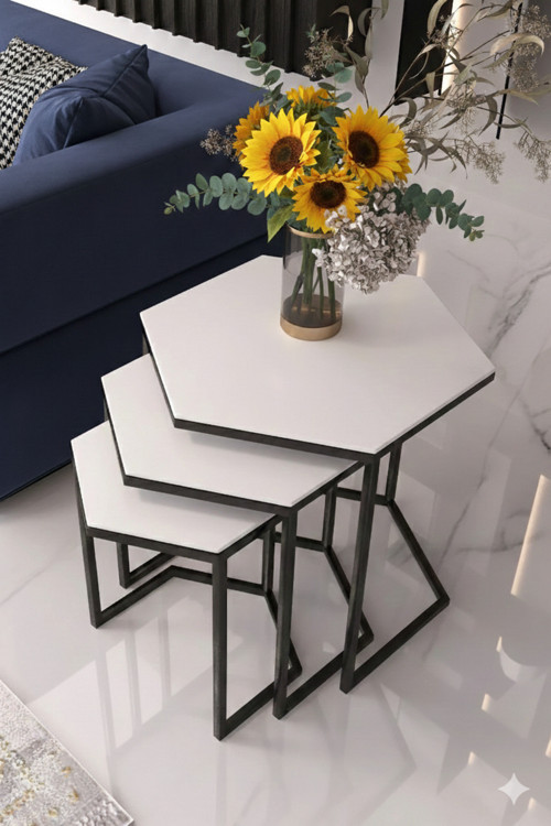Vatoz Altıgen Siyah Metal Beyaz Mdf Tablalı 3lü Zigon Sehpa