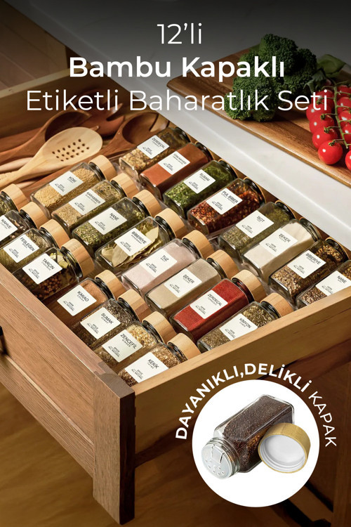 12’li Bambu Kapaklı Kare Cam Baharatlık Takımı / 40 Adet Etiket Hediyeli / 12 li Baharatlık Seti