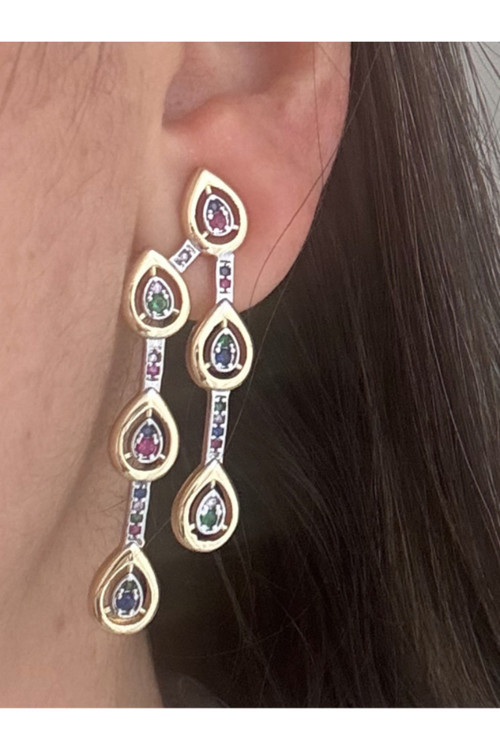 Melis G. Modeli Renkli Taşlı Çift Sıralı Küpe