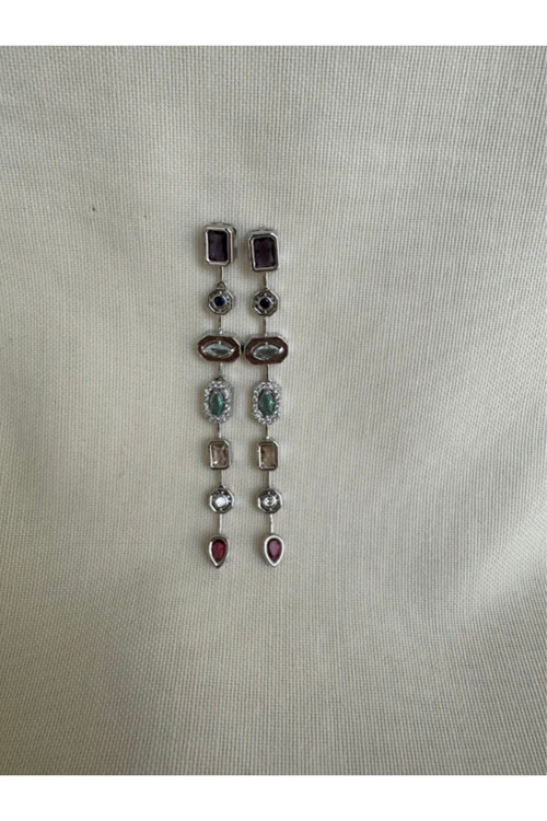 Melis Modeli Renkli Taşlı Sallantılı Küpe