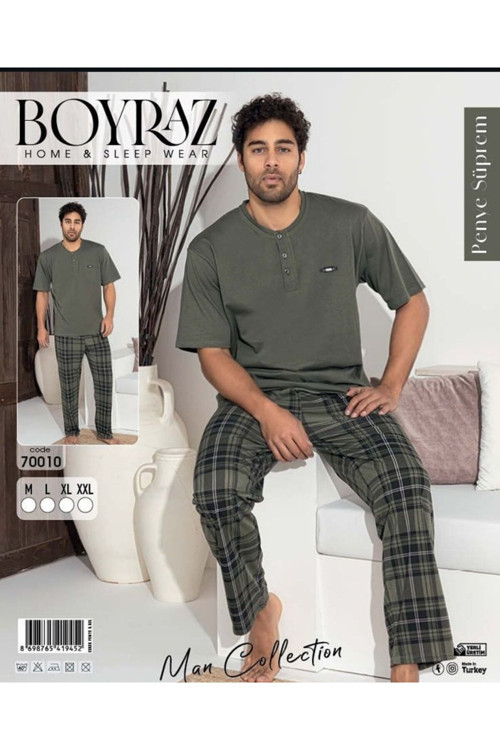 BOYRAZ KISA KOLLU - ALT UZUN ERKEK PİJAMA TAKIMI PENYE %100 PAMUK EKOSELİ