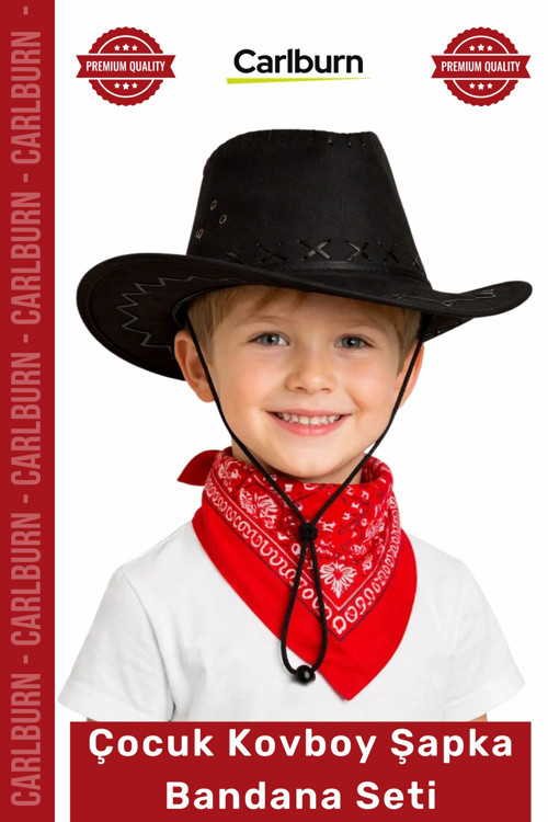 #KostümSeti Western Temalı Şık Kostüm Aksesuarı Çocuk Kovboy Şapka Siyah Kırmızı Bandana Seti