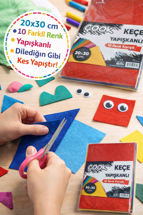 20x30 cm Renkli Keçe 10’lu Set Yapışkanlı & Düz Keçe Kumaş Hobi Okul El İşi Keçesi