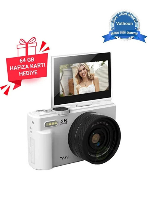5K 75MP 18X Zoom Flaşlı 3” Flip Ekranlı Türkçe 64GB Kart Dijital Vlog Fotoğraf Makinesi