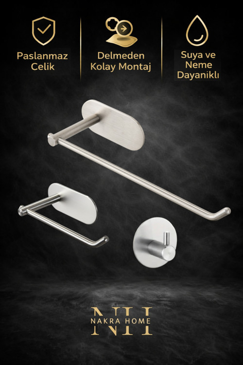 3'Lü Set ( Paslanmaz Çelik Yapışkanlı Havlu Askısı , Tuvalet Kağıtlığı Ve Tekli Askılık ) Havluluk