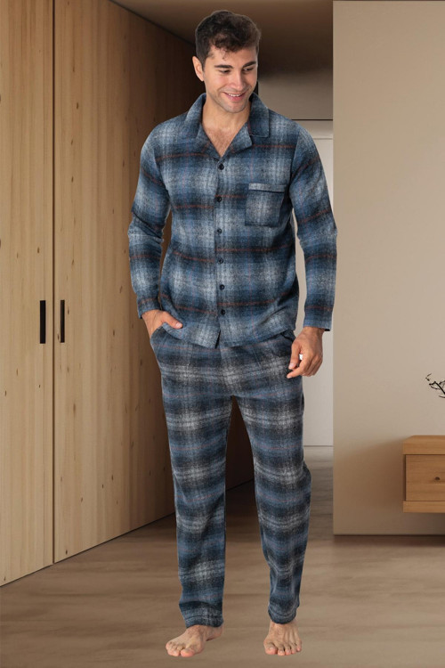 Mecit 2797 Mavi Ekoseli Boydan Düğmeli Büyük Beden Erkek Pijama Takımı