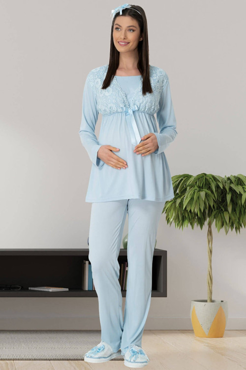 Mecit 5421 Mavi Emzirme Kolaylıklı Lohusa Pijama Takımı