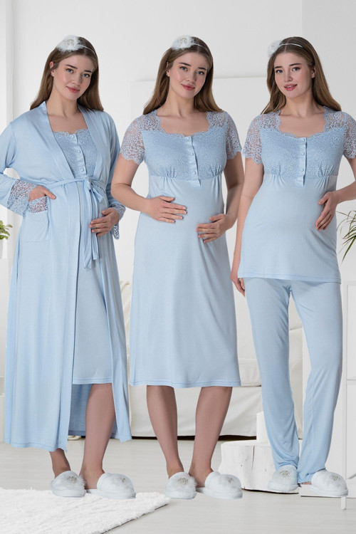Mecit 6065 Mavi Uzun Sabahlıklı Gecelik Pijama Lohusa Set