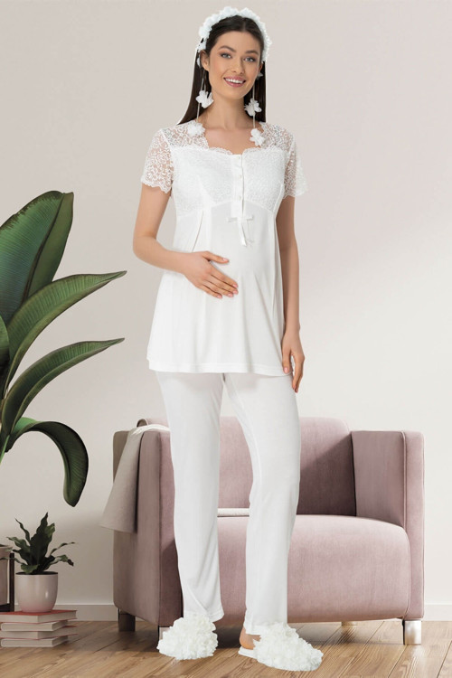 Mecit 5422 Ekru Dantel Kol Lohusa Pijama Takımı