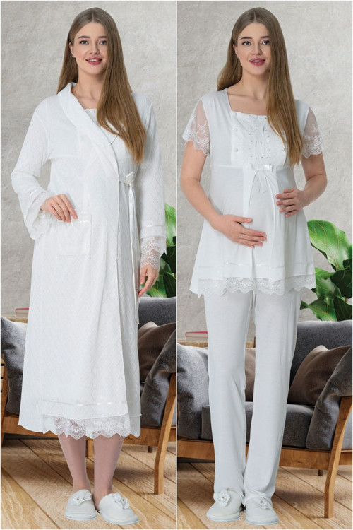 Mecit 5623 Ekru Sabahlık Pijama Gecelik Lohusa Set