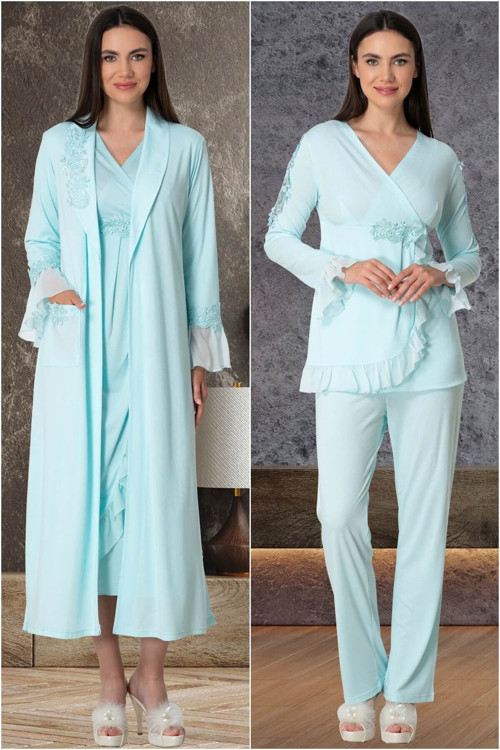 Mecit 5559 Turkuaz Sabahlık Pijama Gecelik Lohusa Set