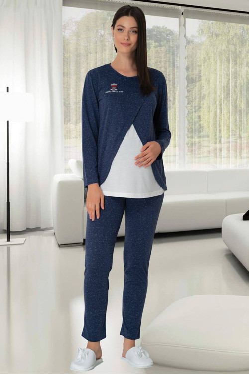 Carpediem 1511 Mavi Emzirme Özellikli Lohusa Pijama Takımı