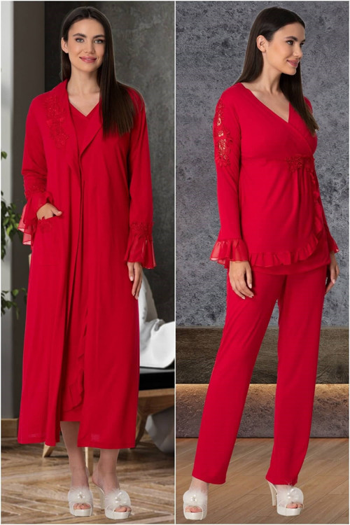 Mecit 5559 Kırmızı Sabahlık Pijama Gecelik Lohusa Set