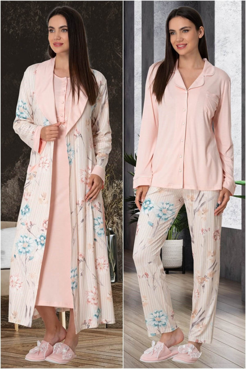 Mecit 5580 Pudra Dört Parça Sabahlık, Pijama, Gecelik Set