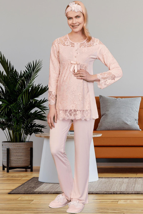 Mecit 5212 Pudra Dantelli Lohusa Pijama Takımı