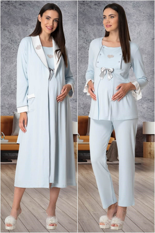 Mecit 5556 Mavi Sabahlık Pijama Gecelik Lohusa Set