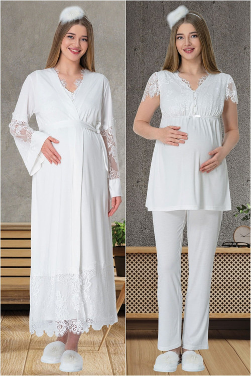 Mecit 5604 Ekru Sabahlık Pijama Gecelik Lohusa Set