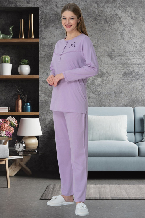 Mecit 5637 Lila Büyük Beden Kadın Pamuk Pijama Takımı