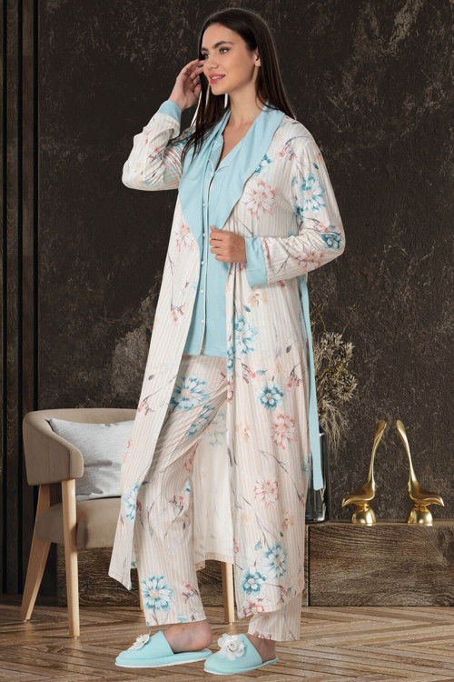 Mecit 5578 Turkuaz Çiçek Desen Sabahlıklı Pijama Takımı