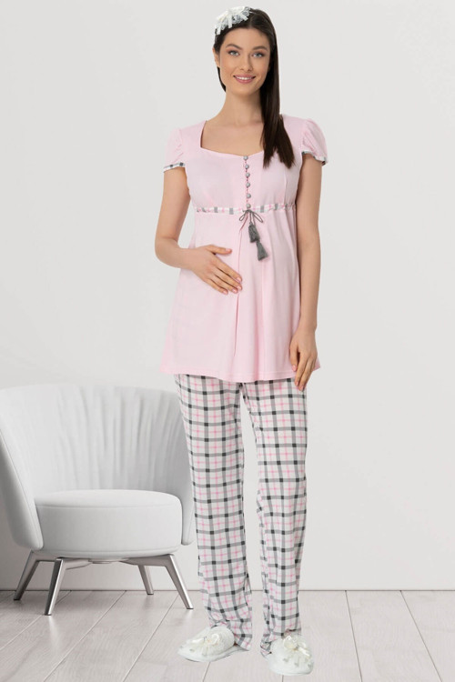 Mecit 5404 Pembe Ekoseli Spor Lohusa Pijama Takımı