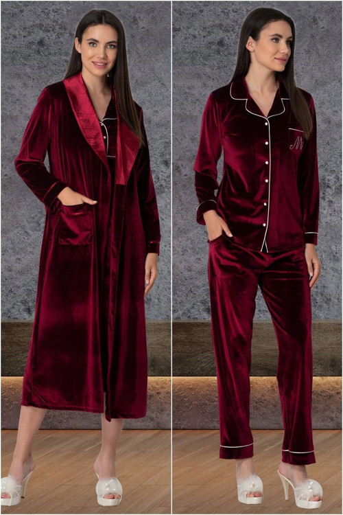 Mecit 5568 Bordo Kadife Dört Parça Sabahlık, Pijama, Gecelik Set