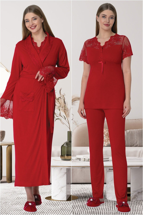 Mecit 5615 Kırmızı Dört Parça Sabahlık Gecelik Pijama Çeyiz Seti