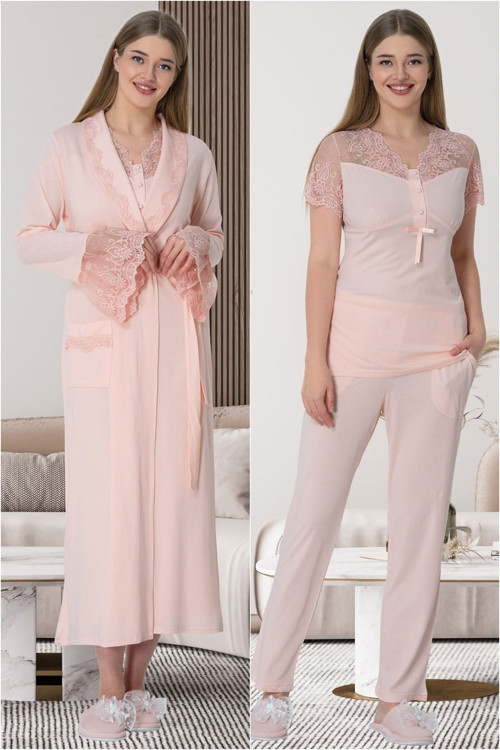 Mecit 5615 Pudra Dört Parça Sabahlık Gecelik Pijama Çeyiz Seti