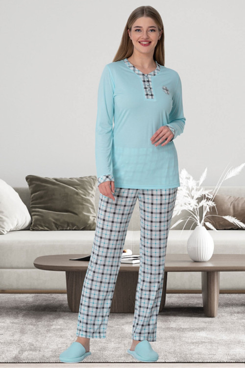 Mecit 5636 Turkuaz Ekose Kadın Pijama Takımı