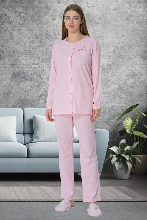 Mecit 5638 Pembe Büyük Beden Boydan Düğmeli Kadın Pijama Takımı