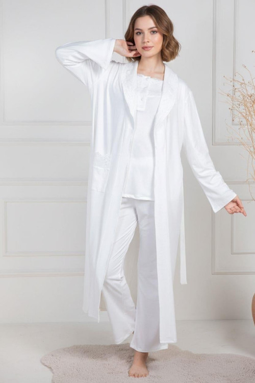 Mecit 6155 Ekru Kadın Büyük Beden Sabahlıklı Pijama Takımı