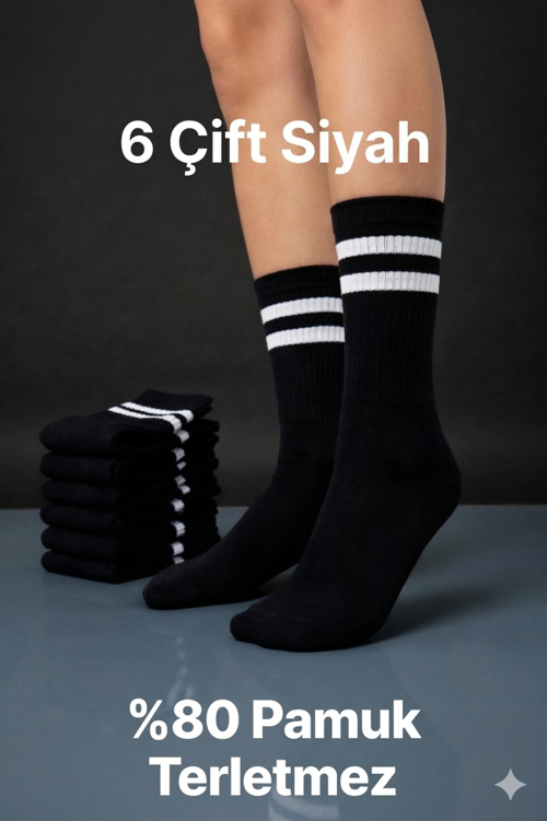 6 Çift Beyaz Siyah Çizgili Desenli Tenis Çorap Sporcu Çorabı Uzun Erkek Spor Çorap