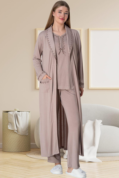 Mecit 5910 Vizon Büyük Beden Kadın Sabahlıklı Pijama Takımı