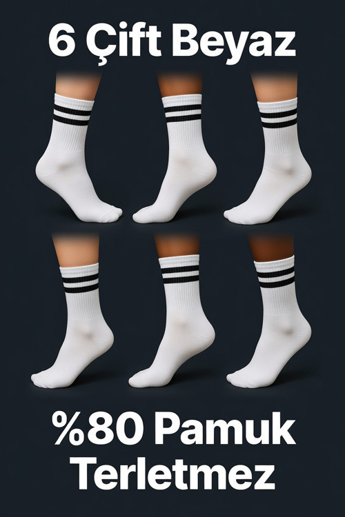 6 Çift Beyaz Siyah Çizgili Desenli Tenis Çorap Sporcu Çorabı Uzun Erkek Spor Çorap